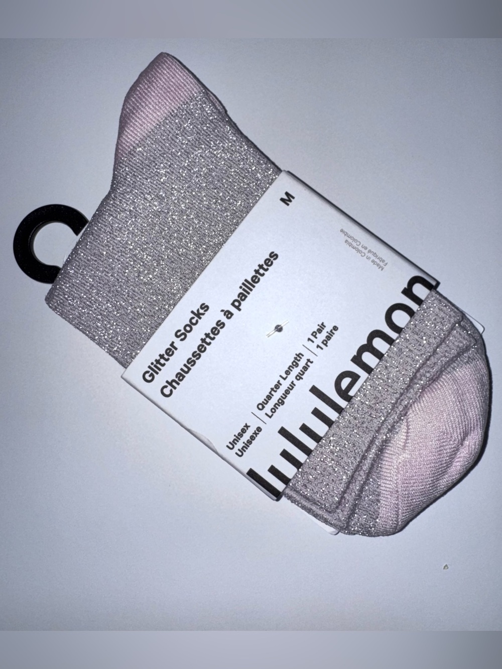 Lululemon Glitter Socks Quarter Length Blissful Pink with Silver Medium